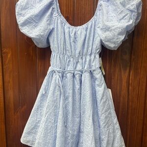 Powder Blue Puff Sleeve Scoop Neck Casual Dress